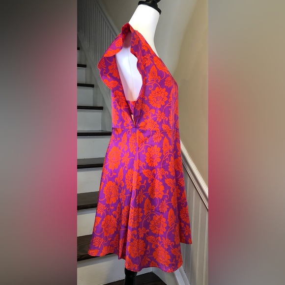 FREE PEOPLE Red Purple Floral Flutter Sleeve Dress Sz 10 - Picture 5 of 12